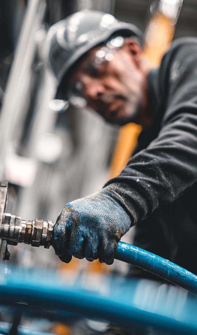 Worker servicing industrial hydraulic equipment