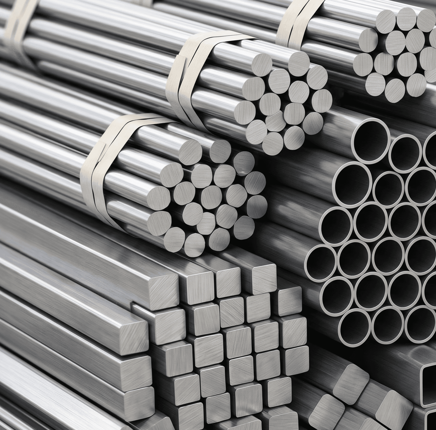 Stacked steel bars and round tubing